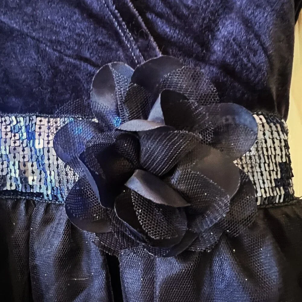 Childrens Place Girl Holiday Formal Wedding Dressy Blue Velveteen Tule Dress